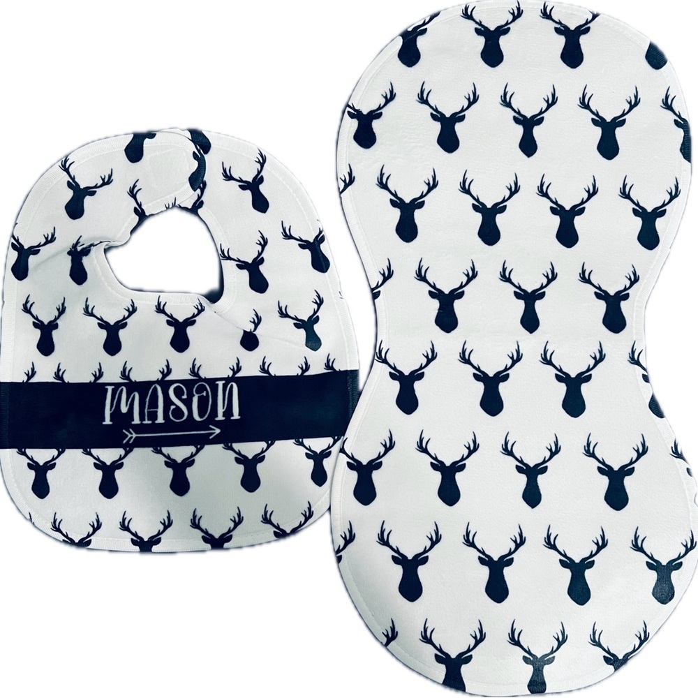 Baby Boy Personalized Navy Deer Printed Bib and Burp Cloth Set “Mason”
